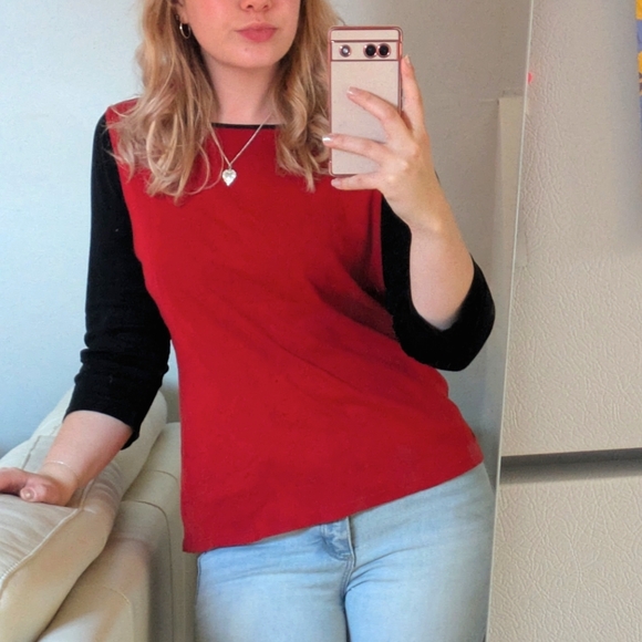 S/M RALPH LAUREN Long Sleeve Tee Black And Red Y2K Vintage Grunge - Picture 1 of 4